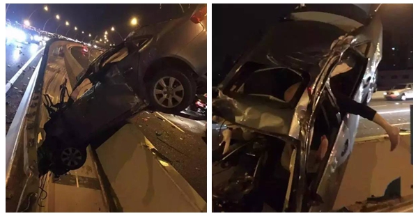  奥迪飞高架桥悬空  车祸惨烈至极司机头朝车后