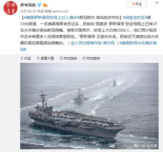 推荐：感染地点未知！美国罗斯福号航母上25人确诊新冠肺炎，海军发声