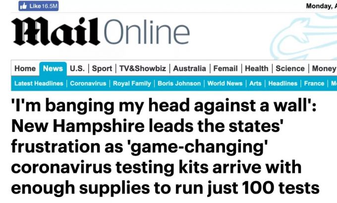 美国▲发检测仪却不发试剂盒，美国一州长“急得要拿头撞墙”