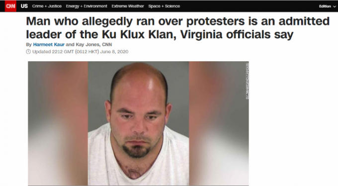 三K党三K党公认的头目？美国男子驾车冲进示威人群后被捕