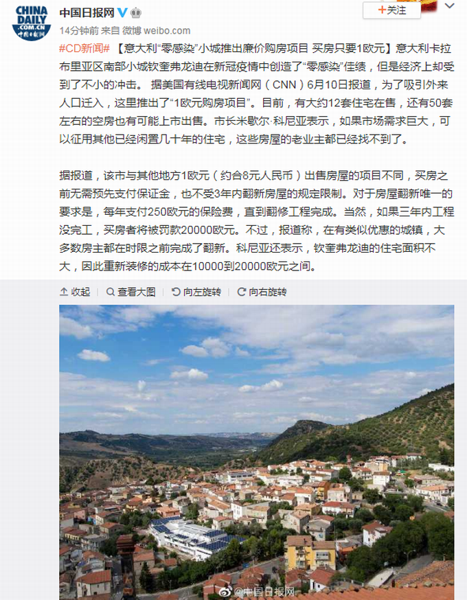 全球疫情受疫情影响，意大利“0感染”小城甩卖房屋，买房只要1欧元