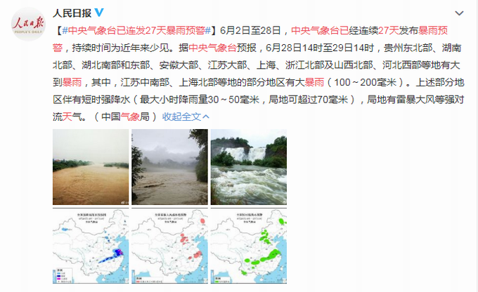 中国天气注意防范，中央气象台已连发27天暴雨预警，近年来少见