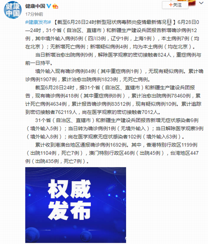 卫健委：31省区市新增确诊病例12例，其中境外输入5例，本土7例