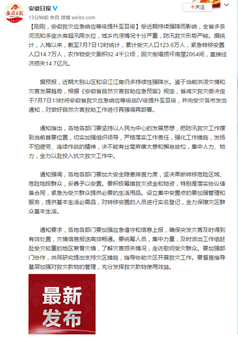 安徽暴雨安徽救灾应急响应等级已提升至Ⅲ级，目前累计受灾近124万人