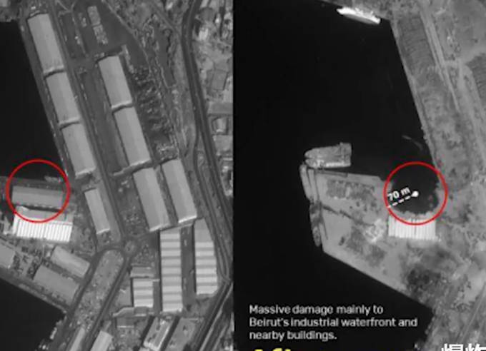 黎巴嫩爆炸|卫星图对比黎巴嫩爆炸前后，港口炸出直径140米黑洞