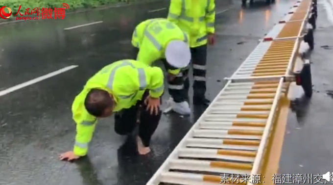 热点|这一幕让人心疼！台风天执勤交警扶护栏被压倒，网友：看着都痛