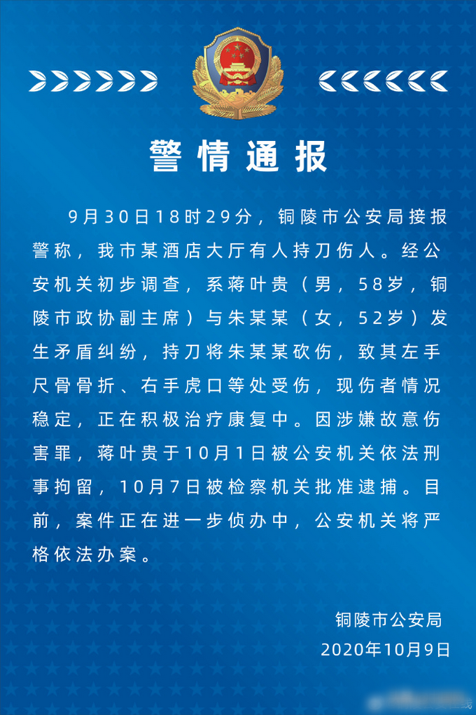 |铜陵市政协副主席持刀砍伤一女性特定关系人，警方通报